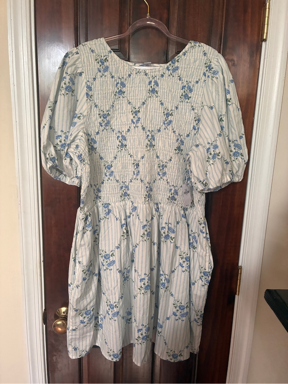 Old Navy White and Blue Floral Smocked Midi Dress
